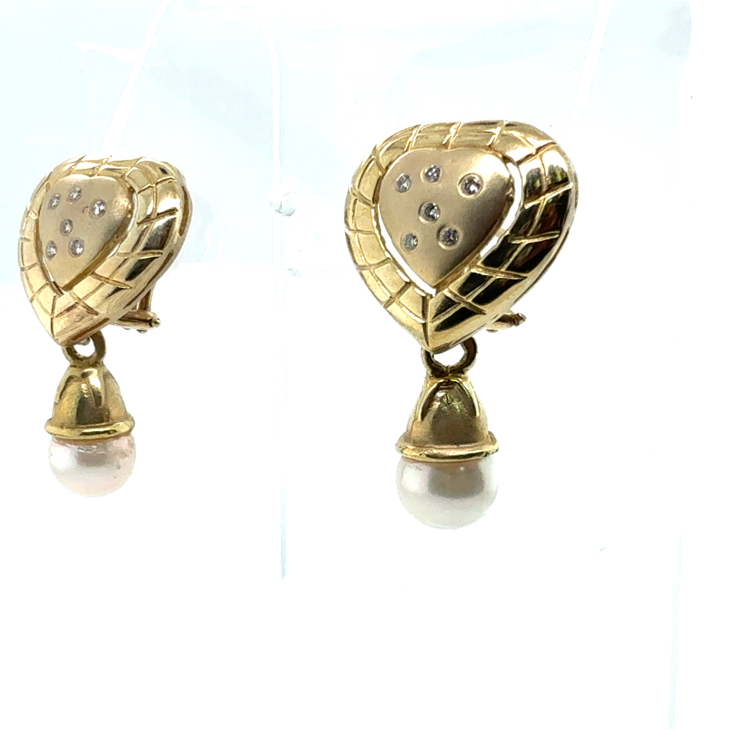 Retro Gold Natural Diamond & Pearl Heart Drop Statement Earrings Circa 1990