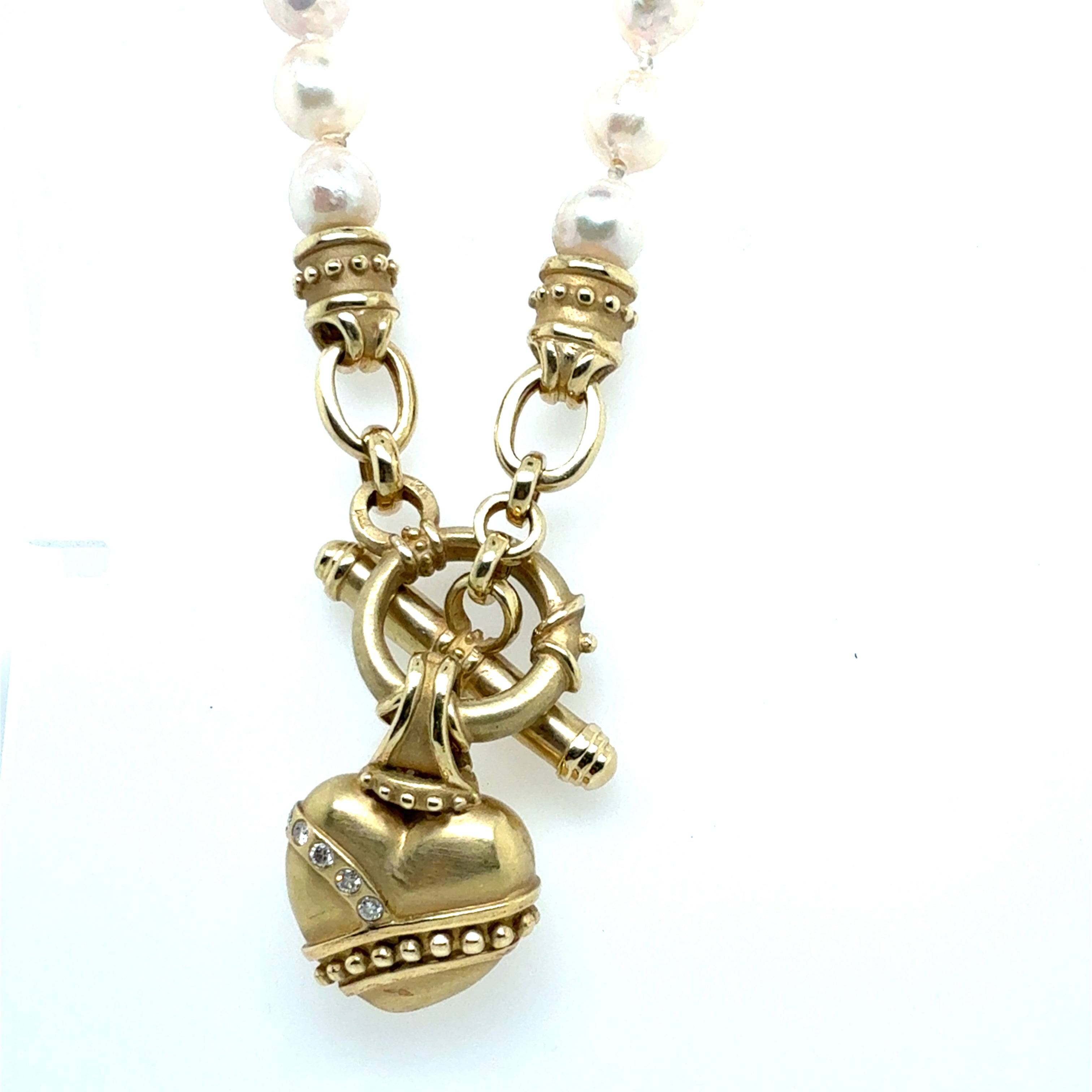 Retro Gold Natural Diamond & Pearl Statement Necklace Heart Toggle Clasp 1980