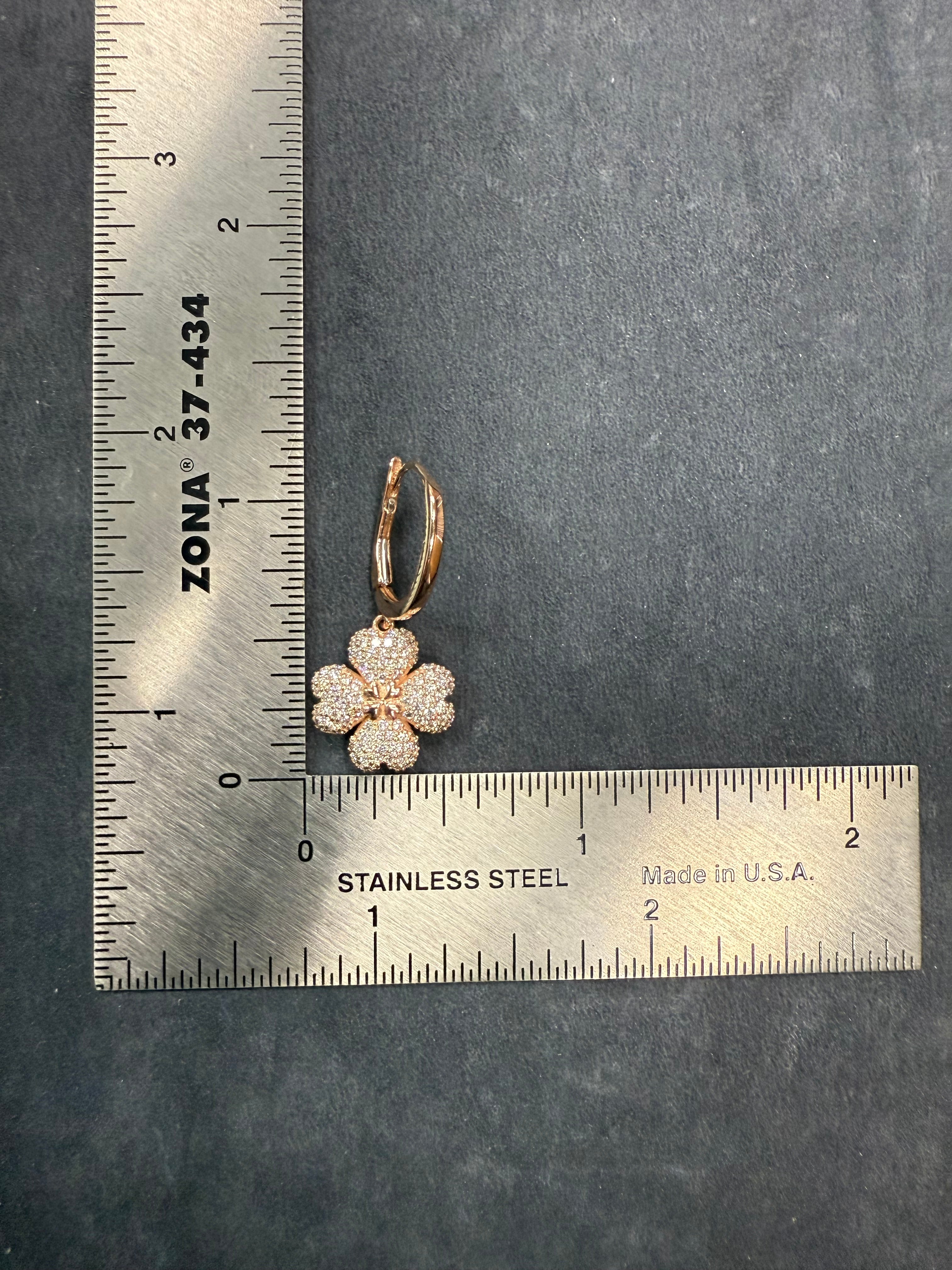 Modern 14K Rose Gold 1.25ct Natural Diamond Flower Clover Drop Earrings