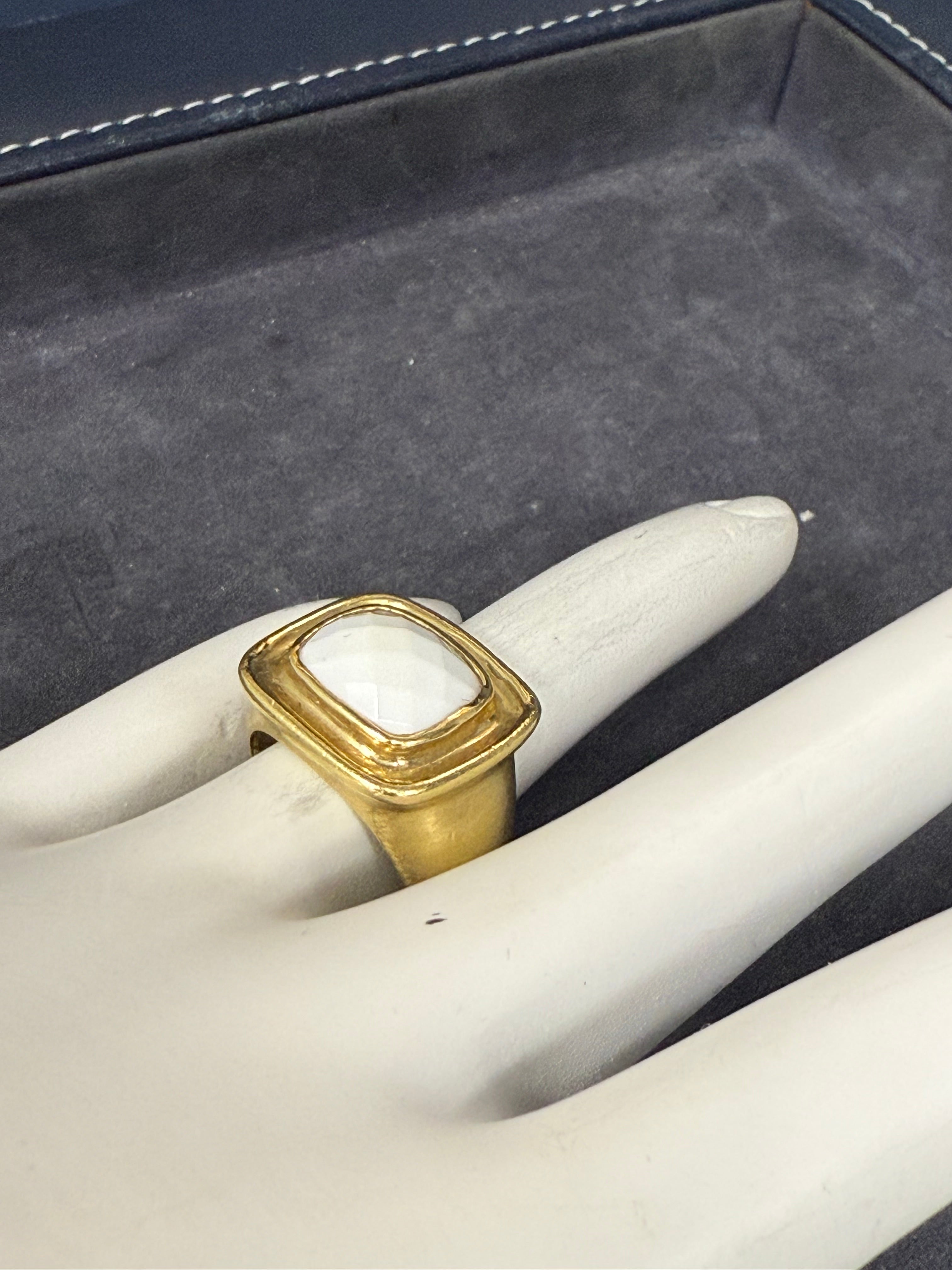 Retro Yellow Gold White Rose Cut Coral Bold Statement Ring Circa 1980