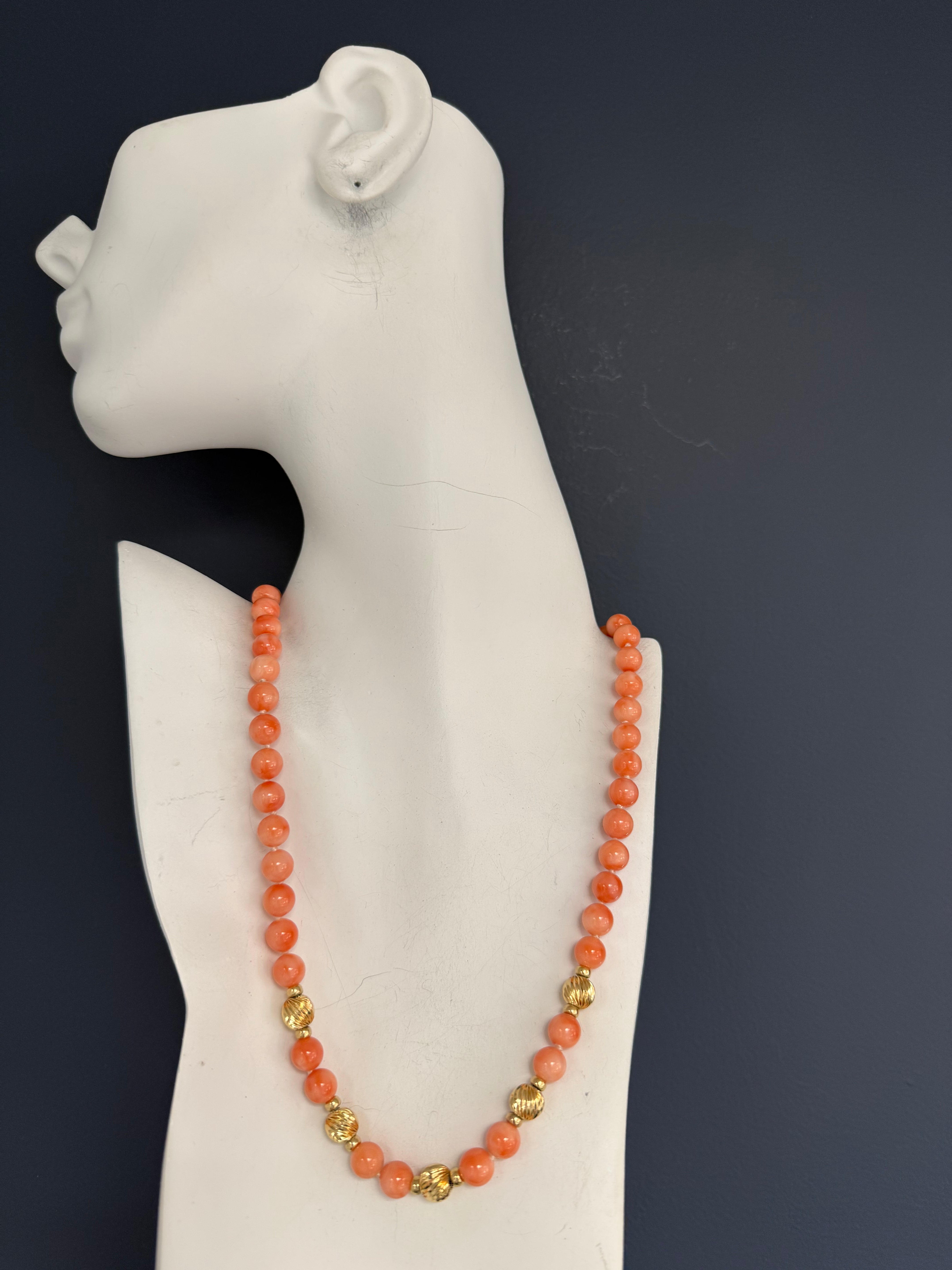 Retro Yellow Gold Natural Coral Bead Necklace Circa 1960