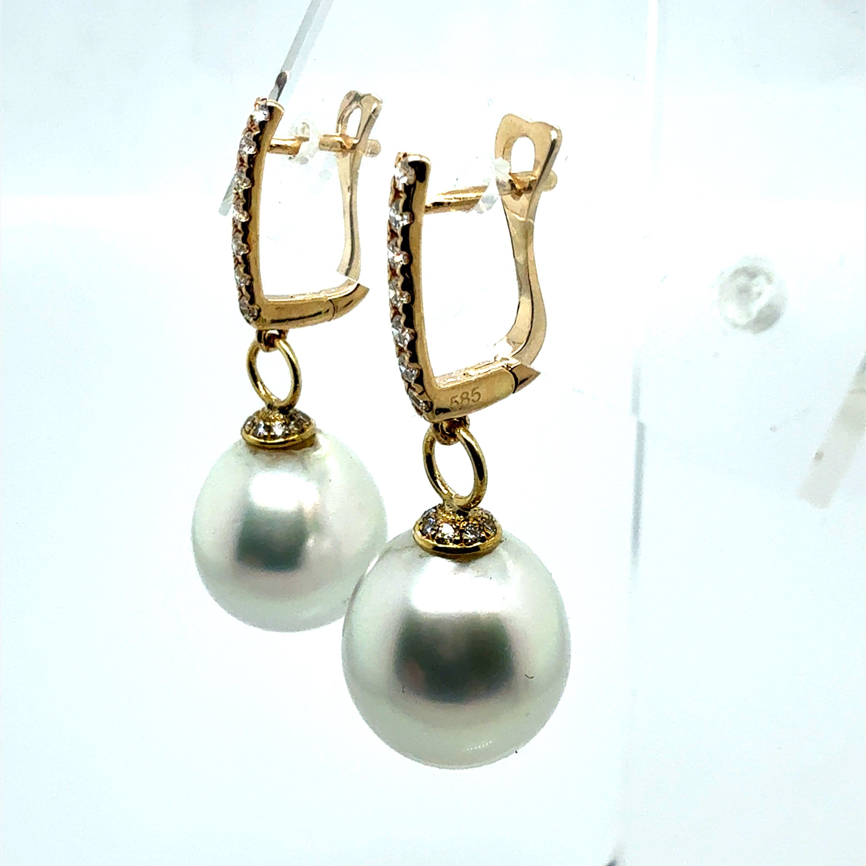 Modern Gold .35 Carat Natural Diamond & 12.5mm South Sea Pearl Drop Earrings