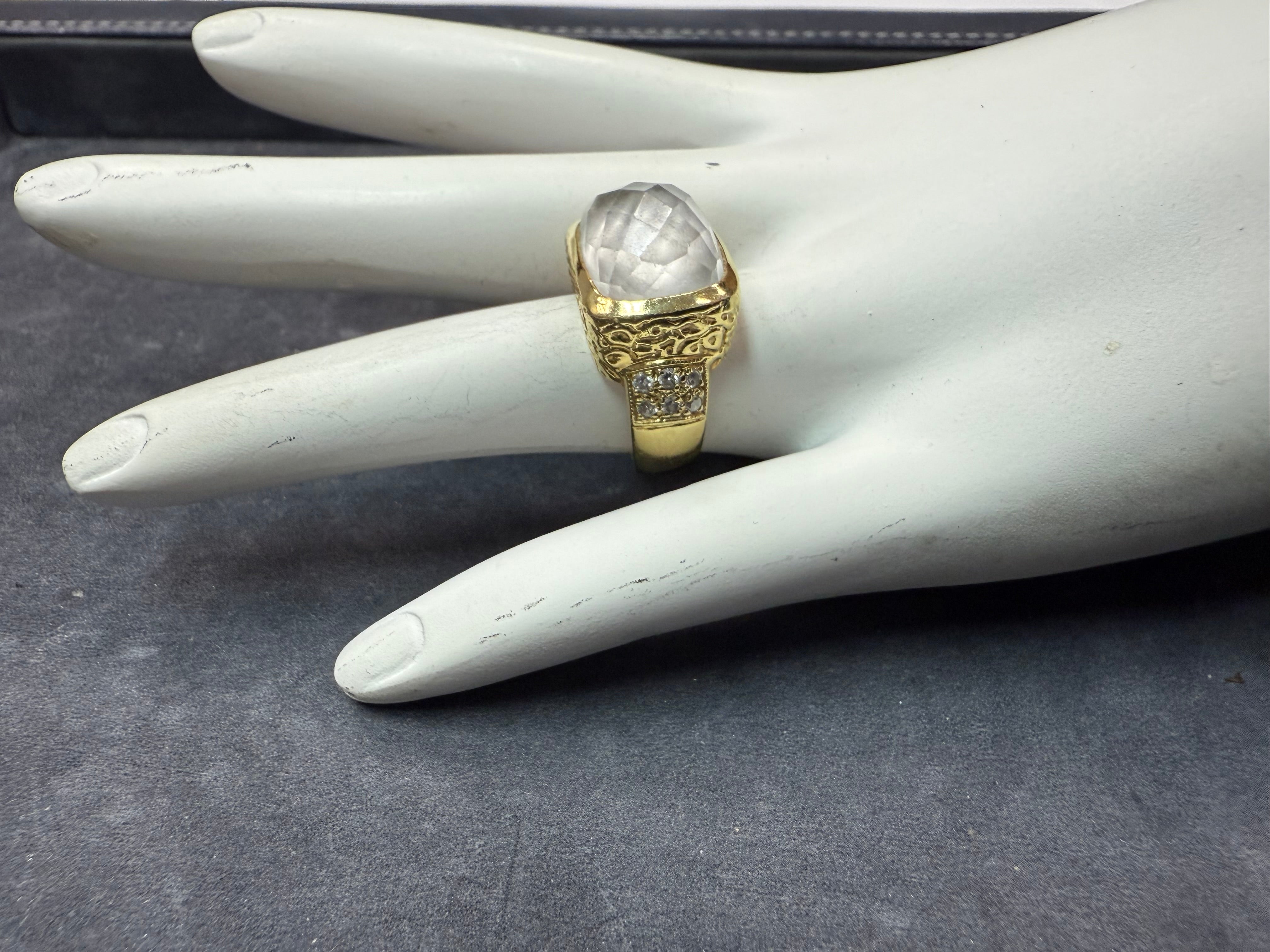 Retro Gold Natural Diamond & Rock Crystal Quartz Cocktail Ring Circa 1980