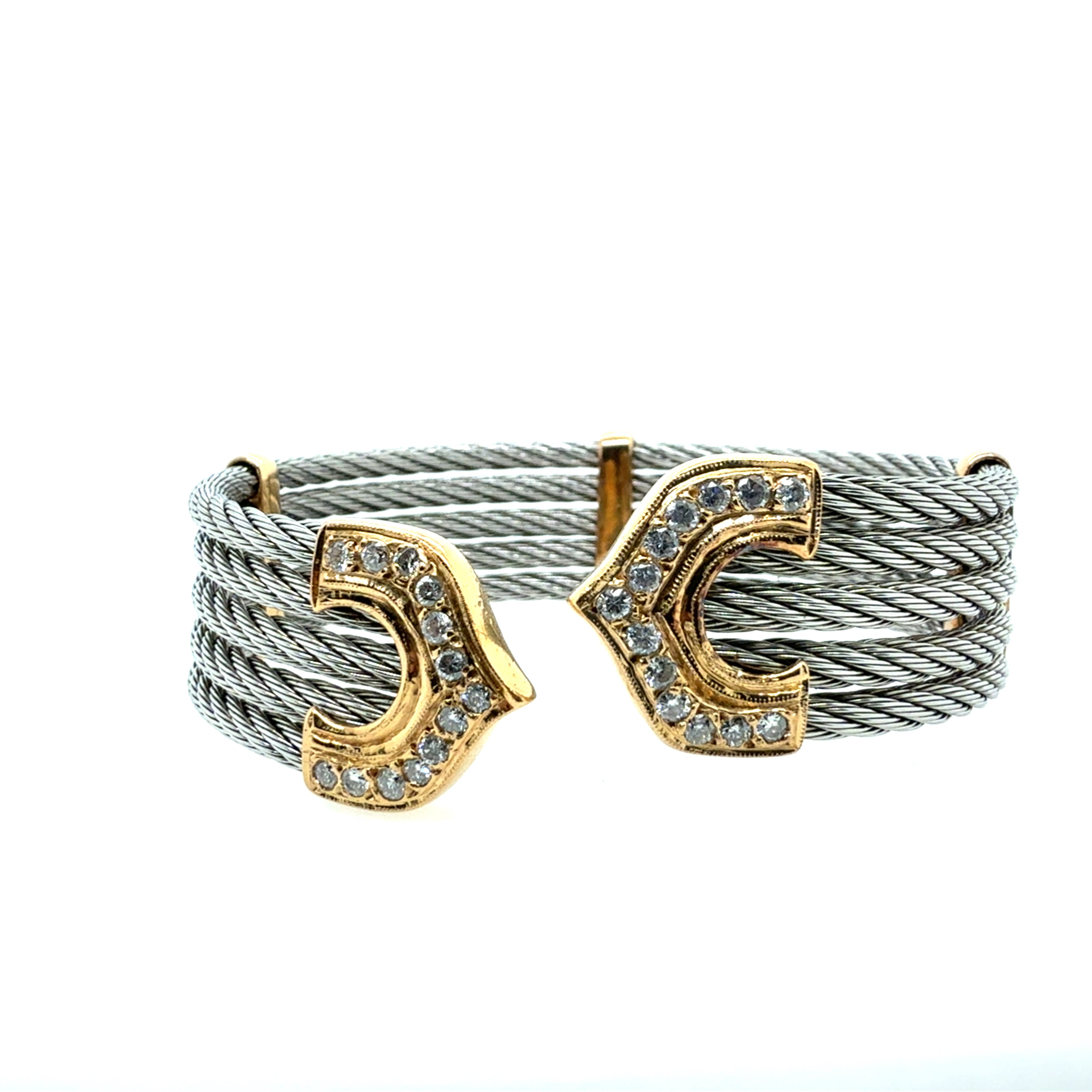 Retro Yellow Gold & Steel 0.50 Carat Natural Diamond Flexible Cuff Italy 1990