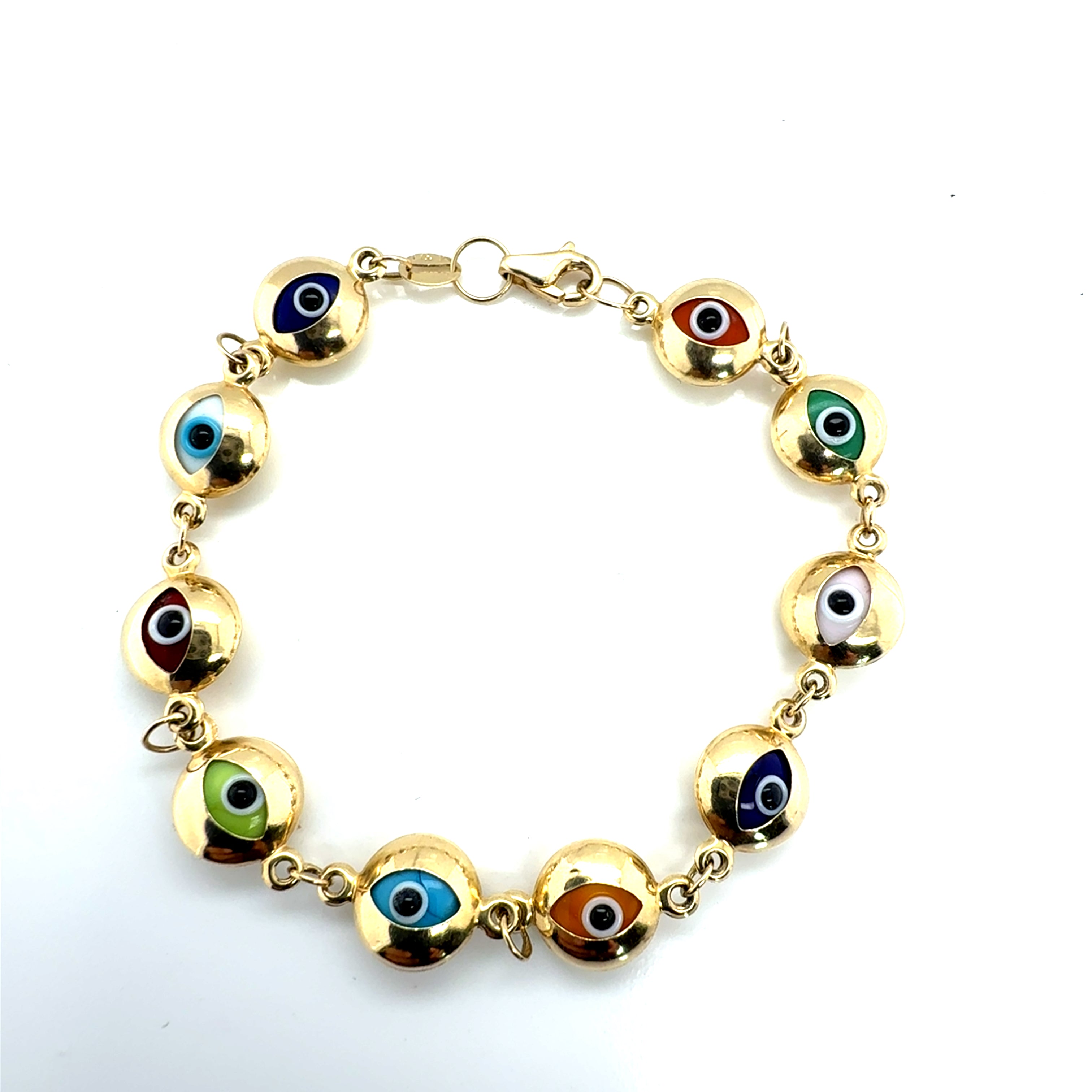 Elegant 14K Gold Lucky Eye Bracelet with Multicolor Details, 6.75” Long