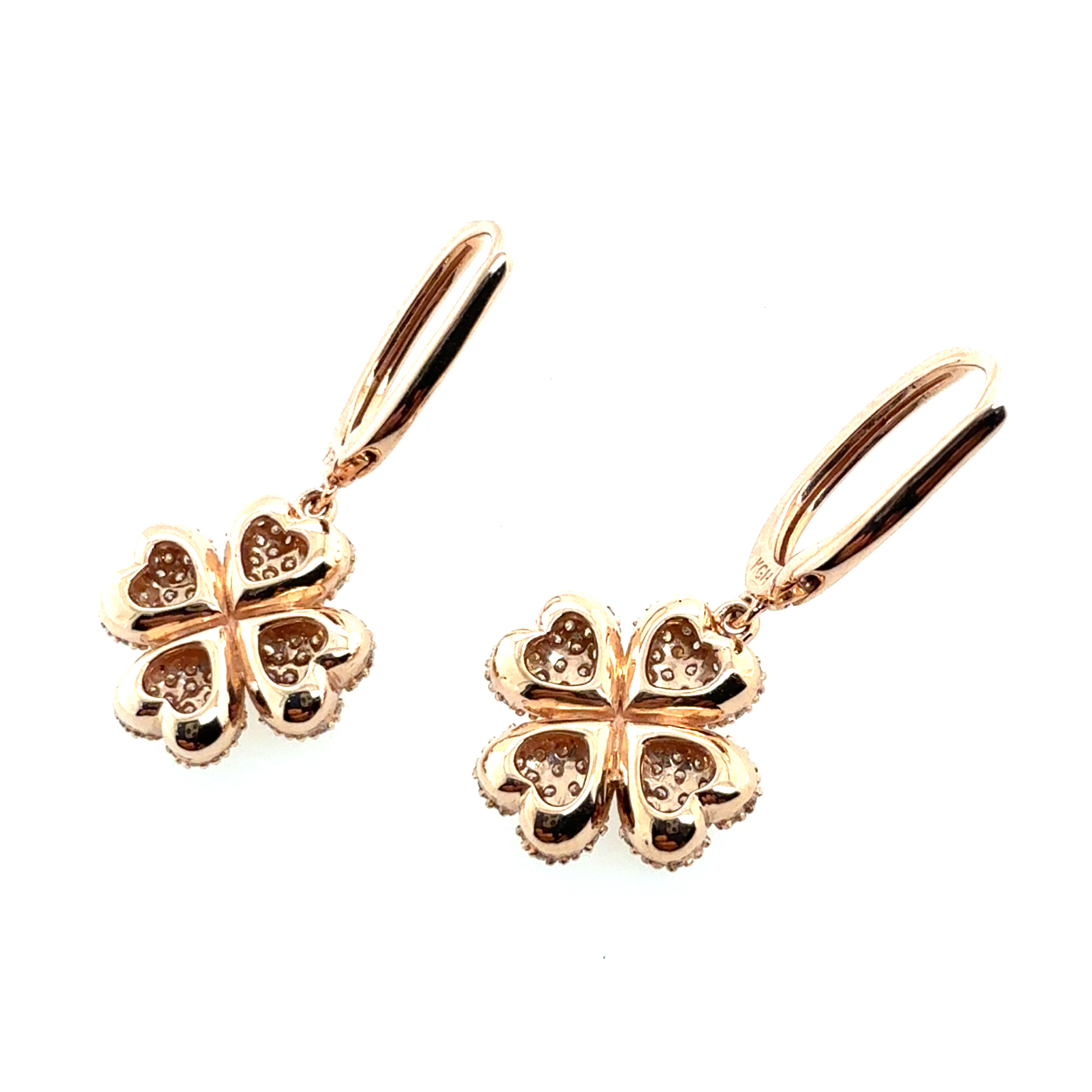 Modern 14K Rose Gold 1.25ct Natural Diamond Flower Clover Drop Earrings