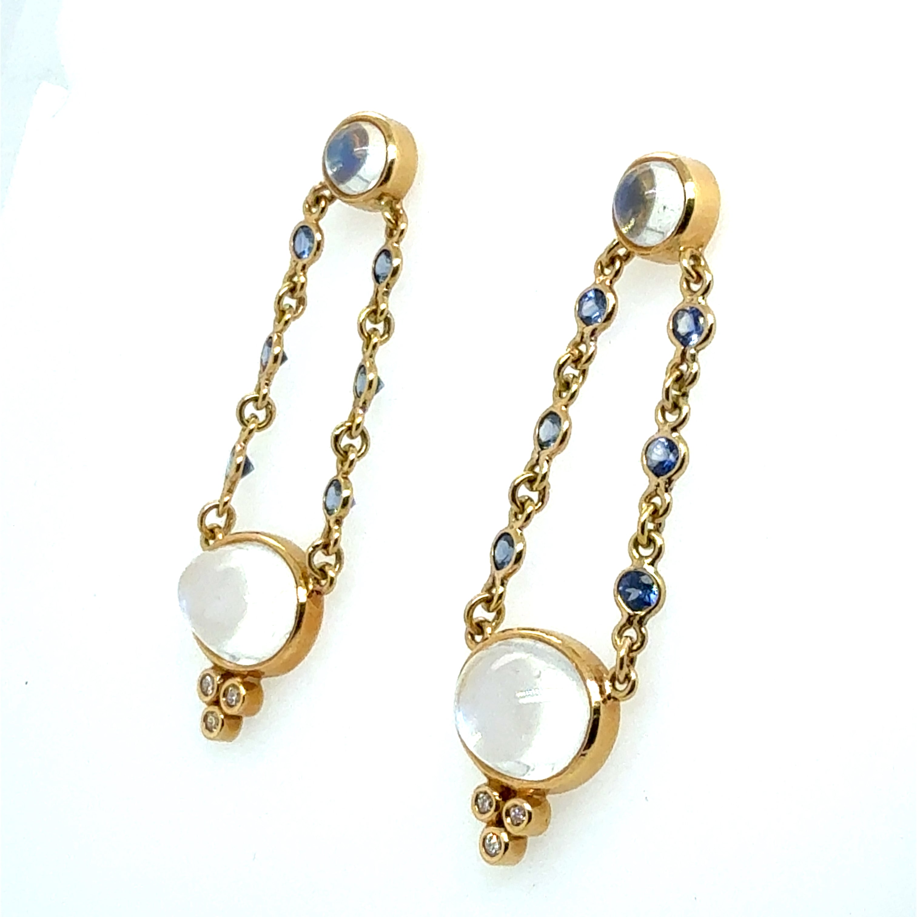 Retro Gold Moonstone CAB, Tanzanite & Natural Diamond Drop Earrings 1980