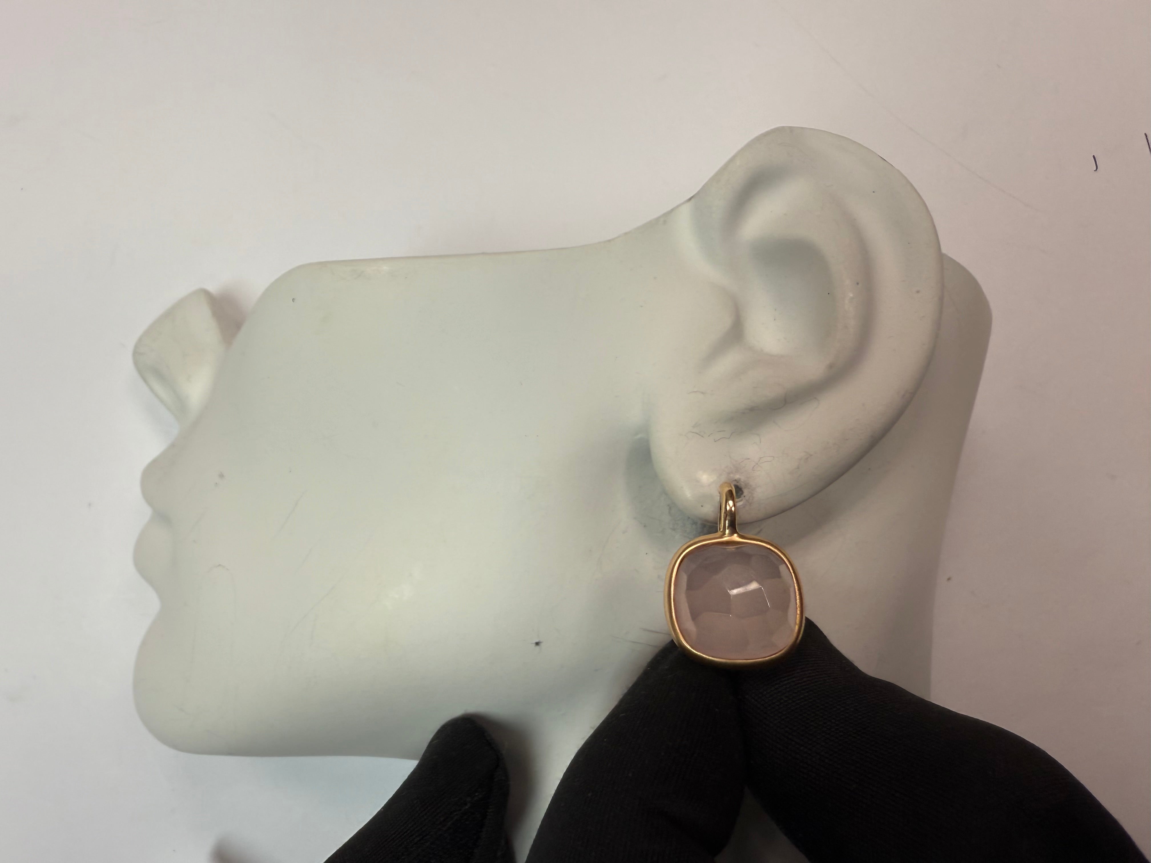 Modern Satin Gold Rose Quartz Statement Earrings, Made in Italy
