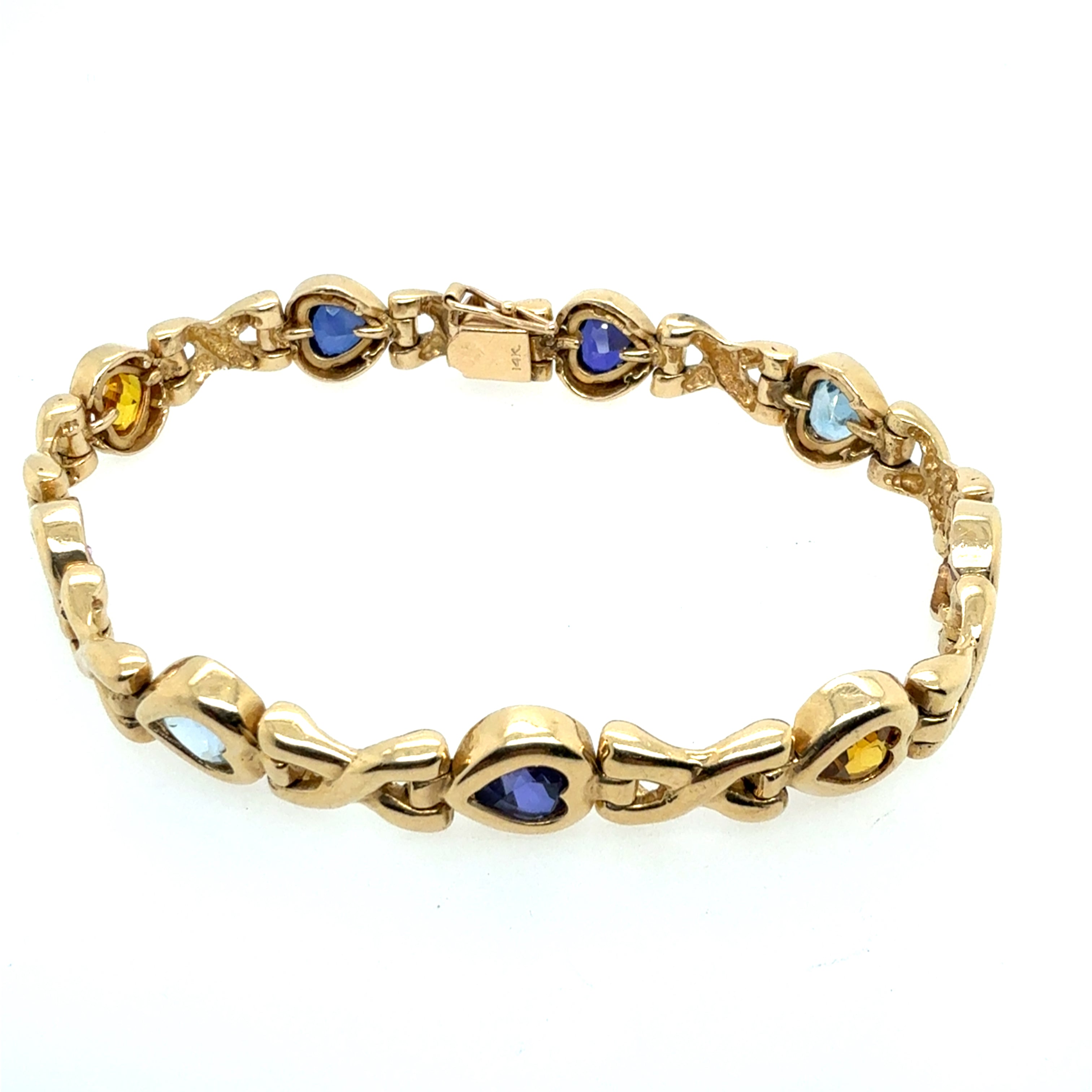 Retro 14K Yellow Gold Natural Multicolor Gem Heart Statement Bracelet Circa 1980