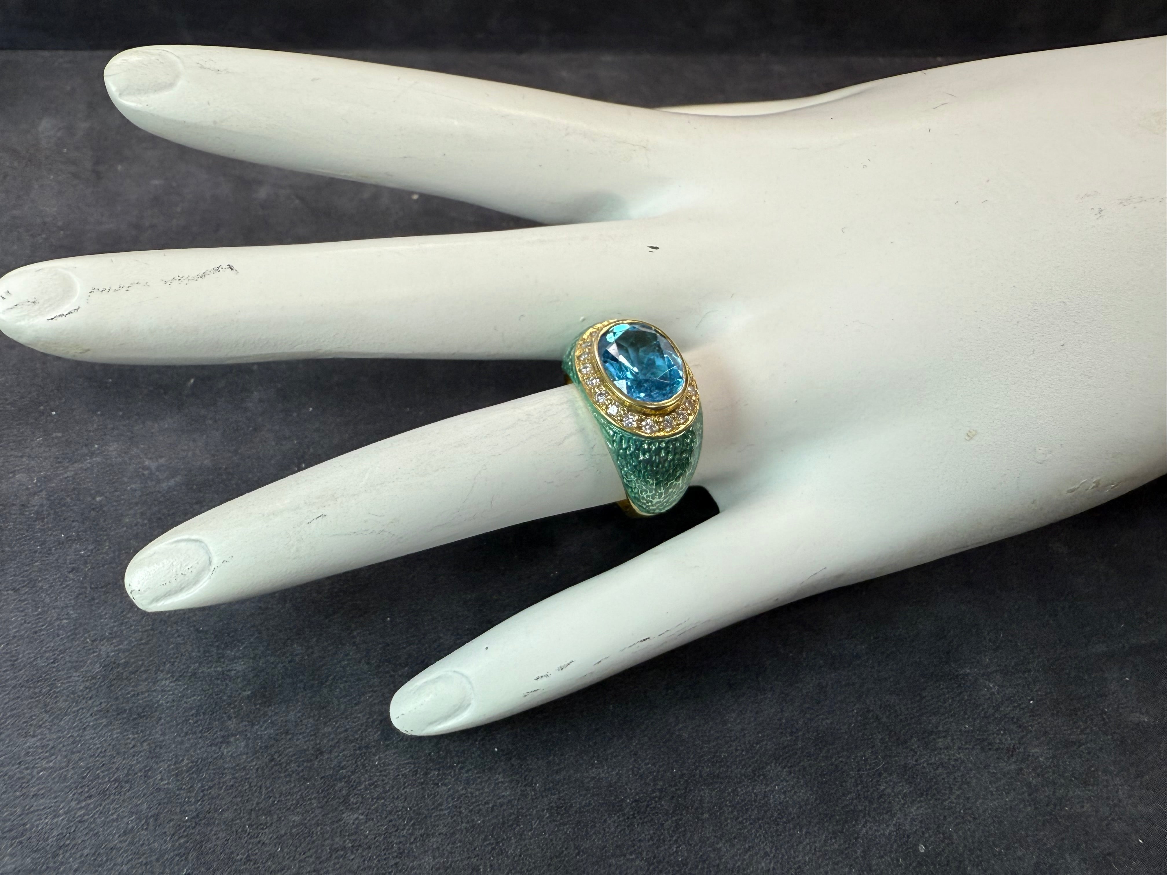 Modern Gold Natural Diamond, Blue Topaz & Enamel Statement Ring by Hidalgo