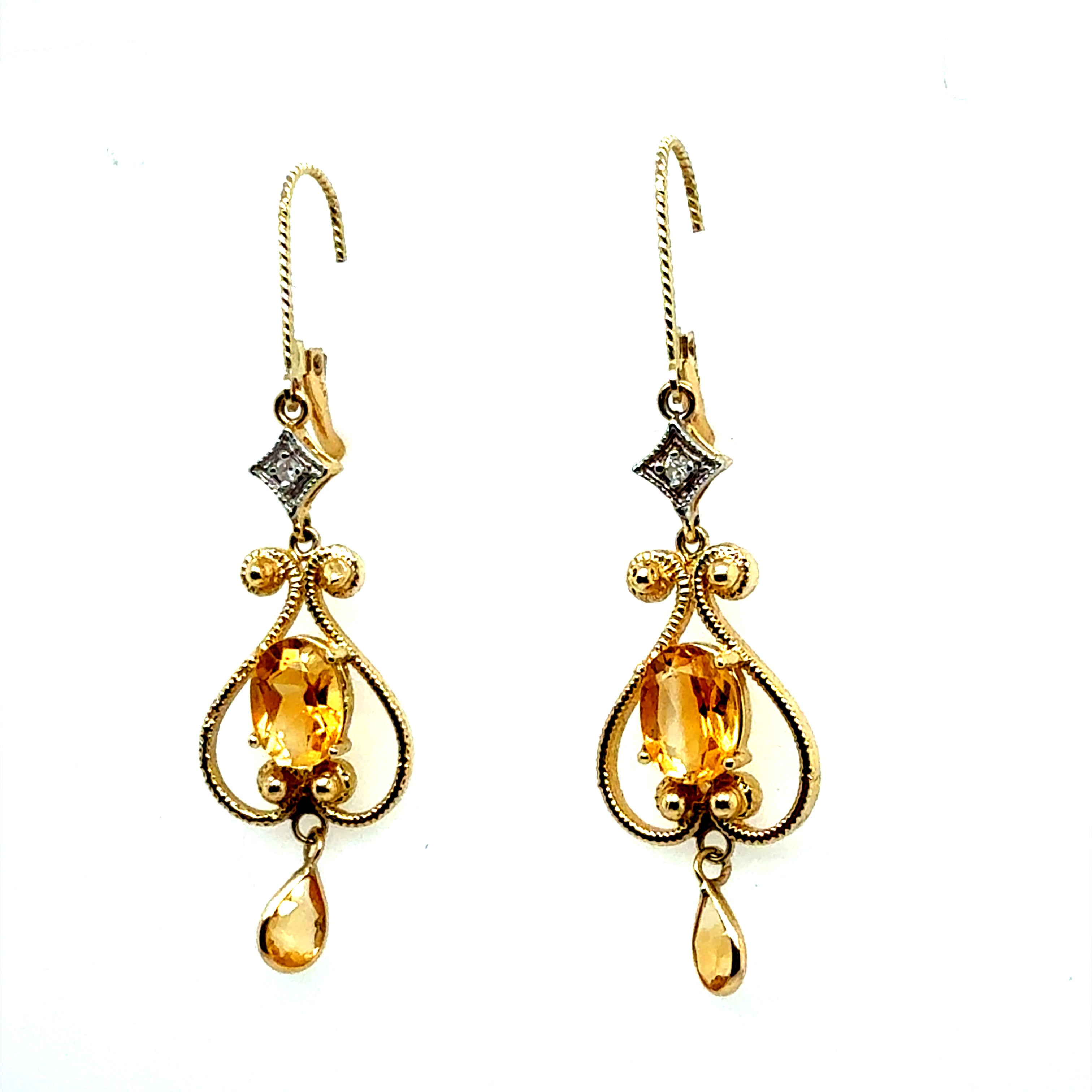 Modern Yellow Gold Natural Citrine Quartz and Diamond Drop Earrings