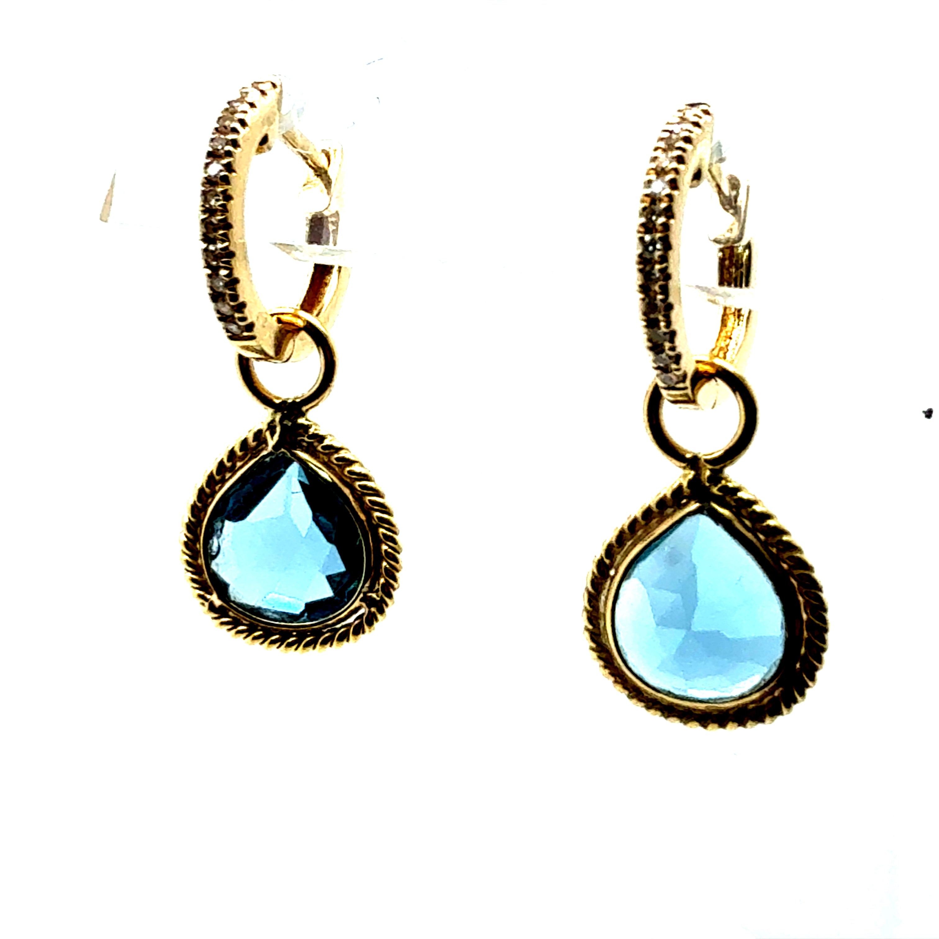 Retro Gold Natural Rose Cut London Blue Topaz & Diamond Drop Enhancer Earrings