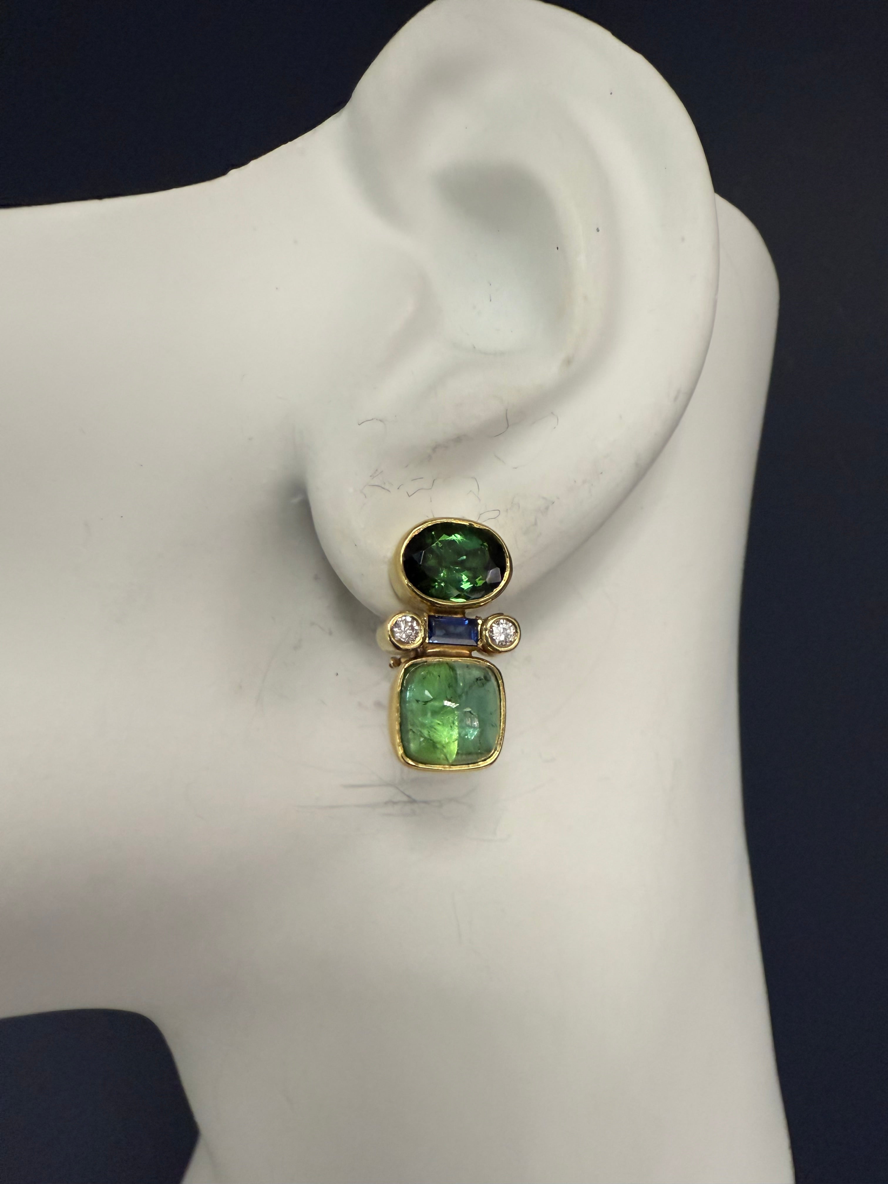 Retro Gold Natural Diamond and Tourmaline Statement Earrings, Circa 1970