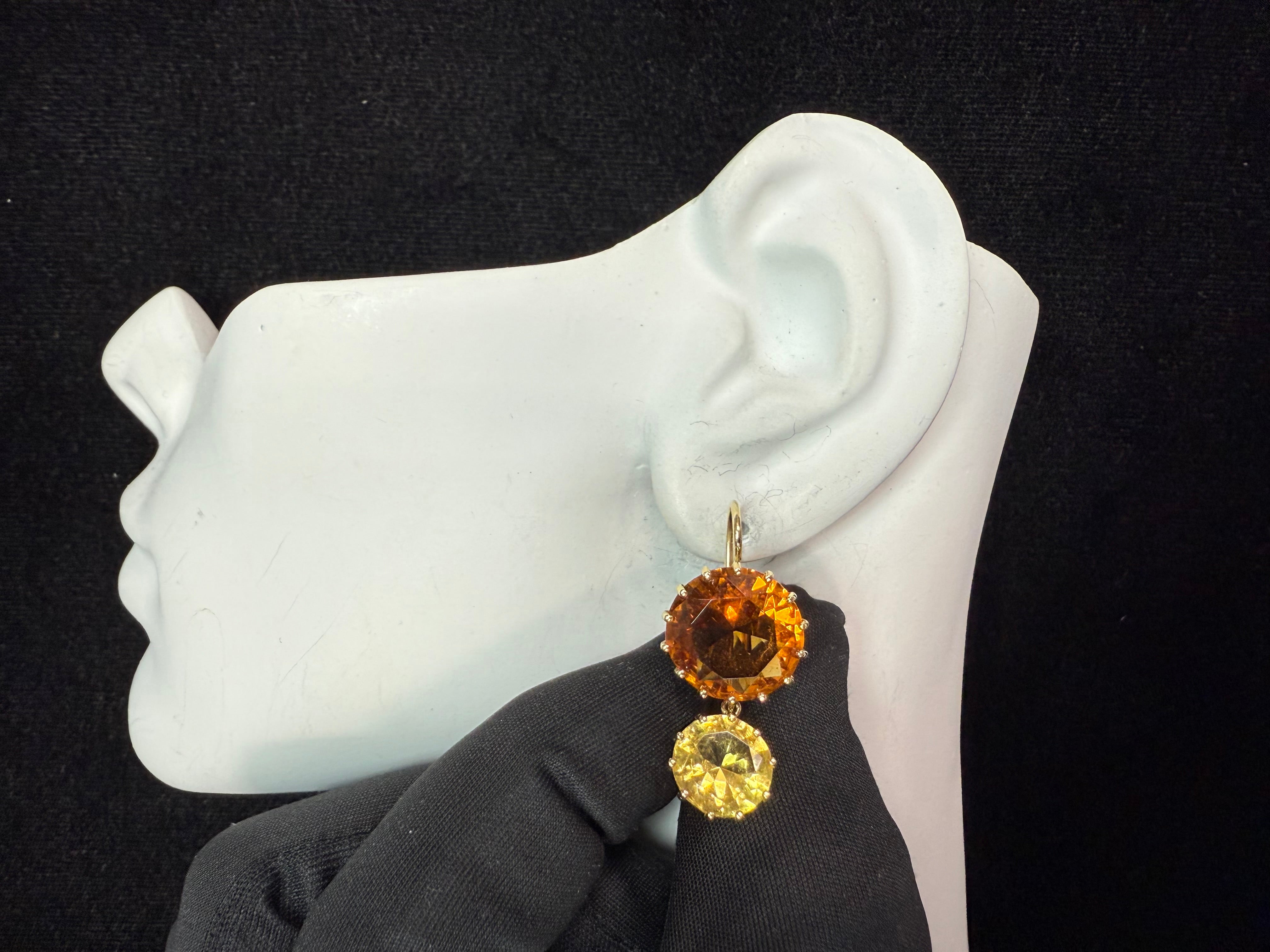 Retro Gold Citrine Drop Statement Earrings with Round Brilliant Two-Tone Gems