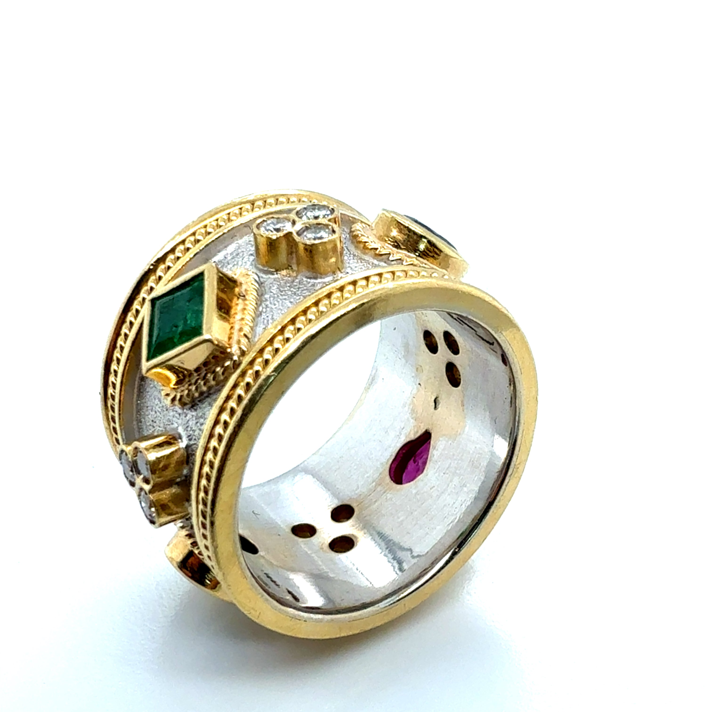 Retro Two-Tone Gold Natural Multi Color Gem & Diamond Statement Band