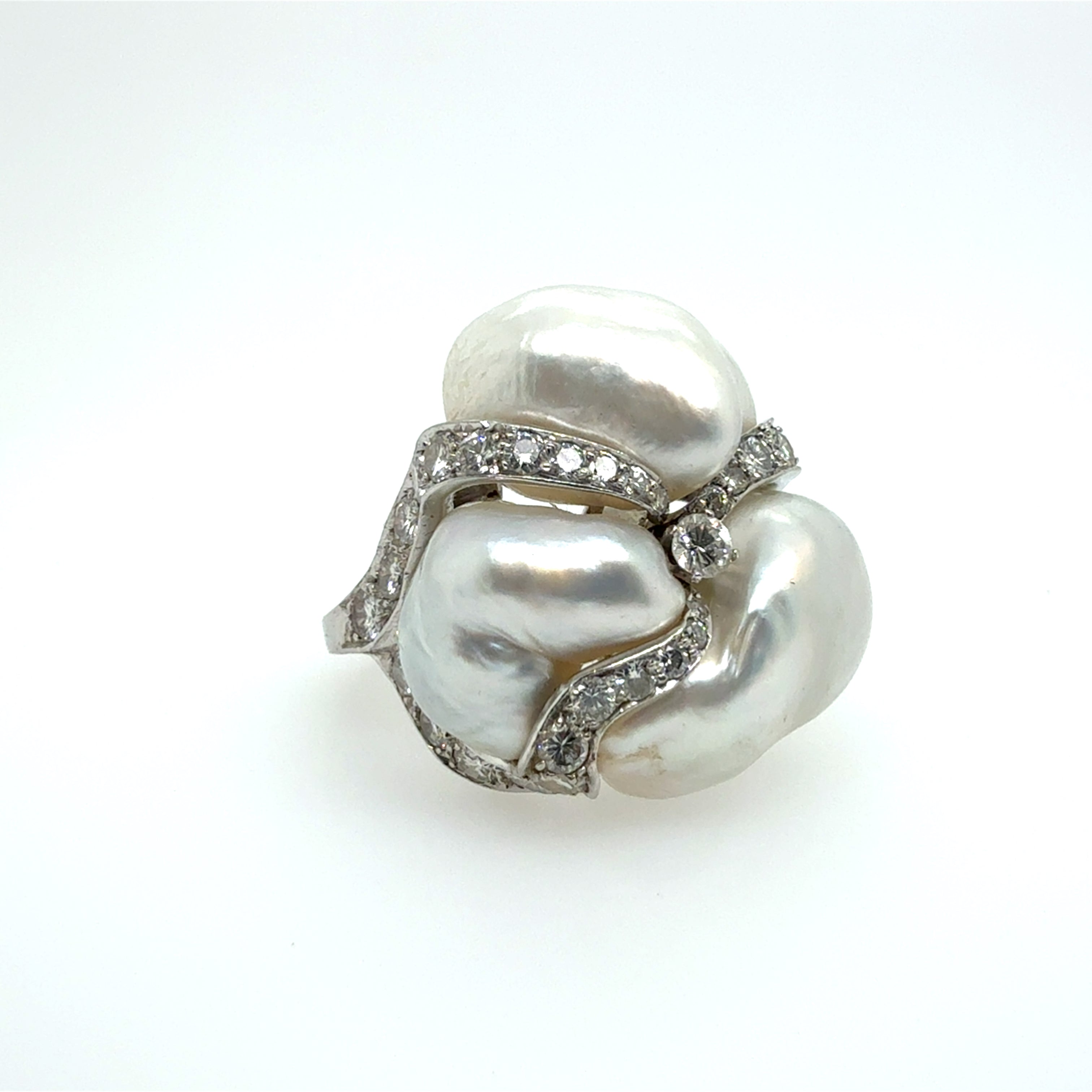 Retro Platinum 2.2 Carat Natural Diamond and Pearl Cocktail Ring Circa 1960