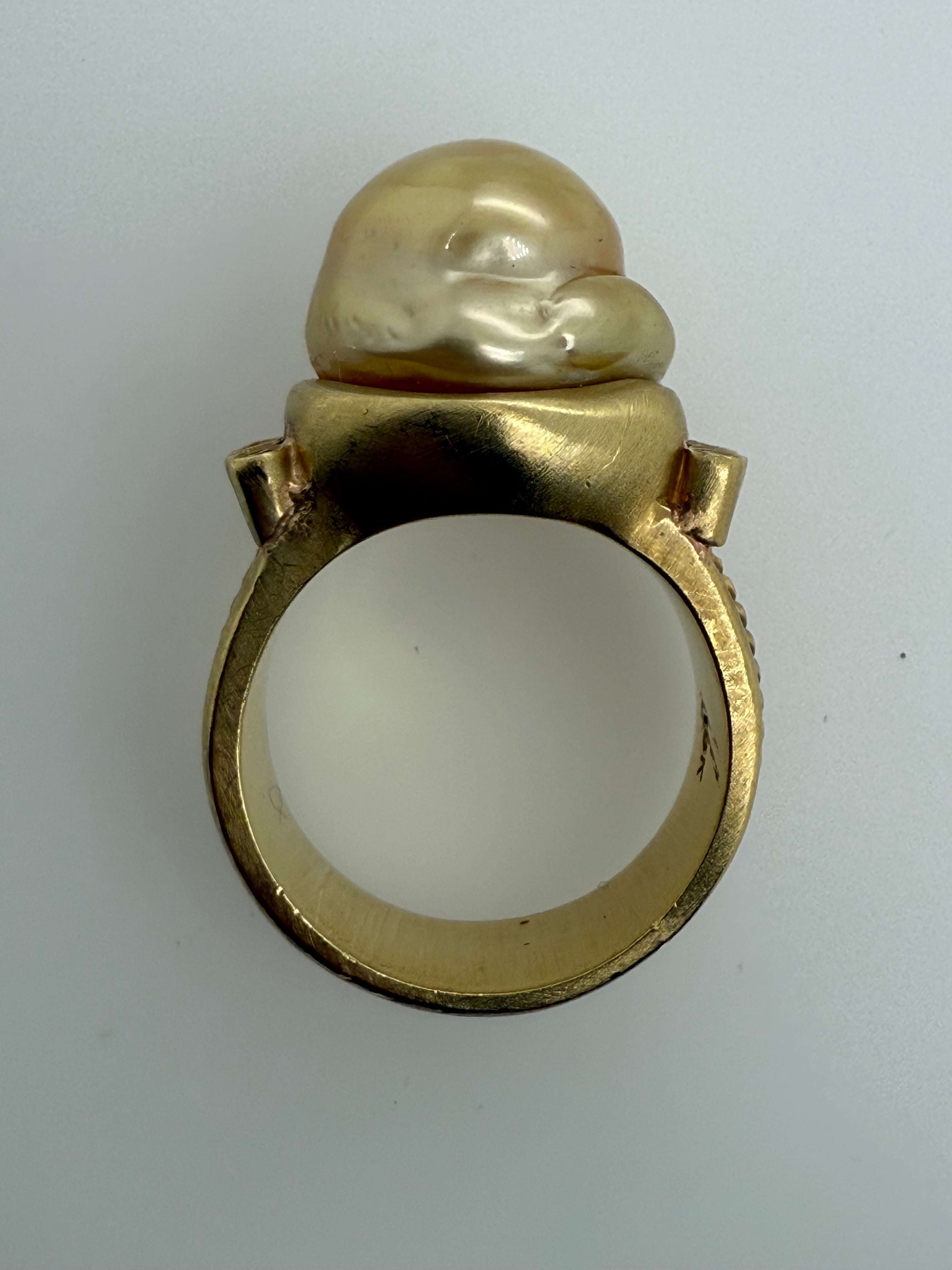 Retro Gold Natural Vivid Yellow Diamond & Golden South Sea Pearl Ring Circa 1990