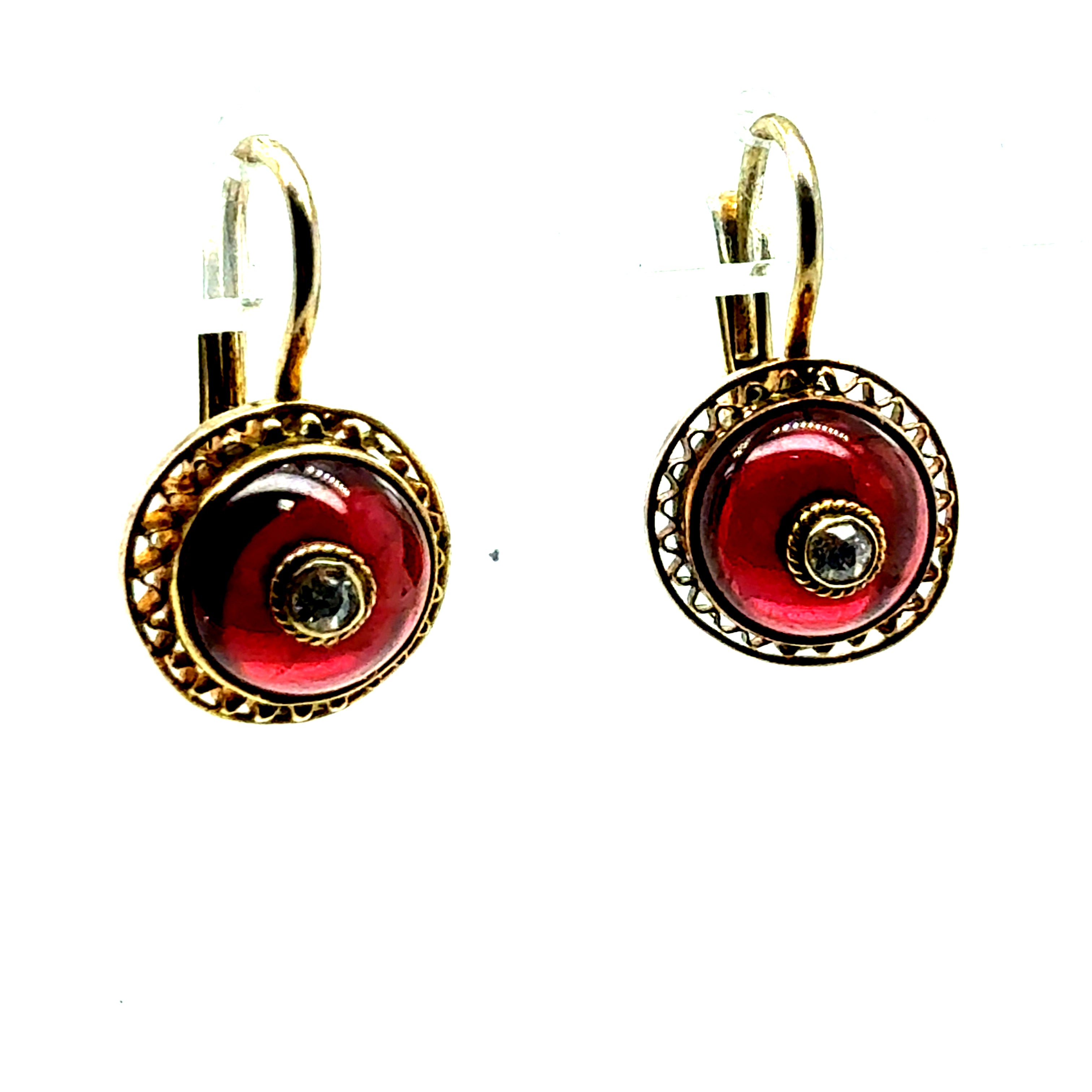Retro Yellow Gold Natural Diamond And Red Enamel Filigree Earrings Circa 1960