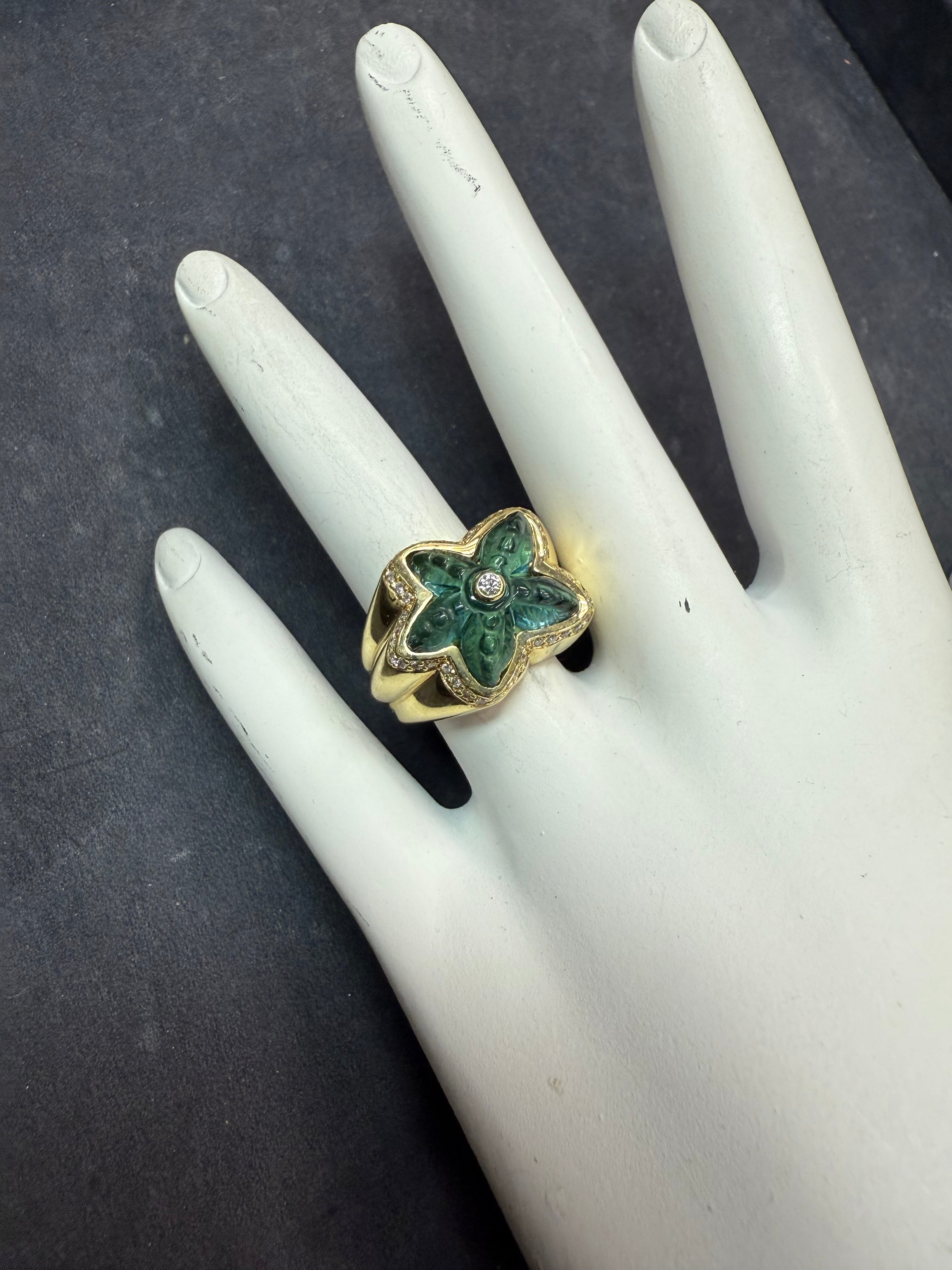 Retro Gold Natural Blue-Green Tourmaline & Diamond Starfish Ring Circa 1980