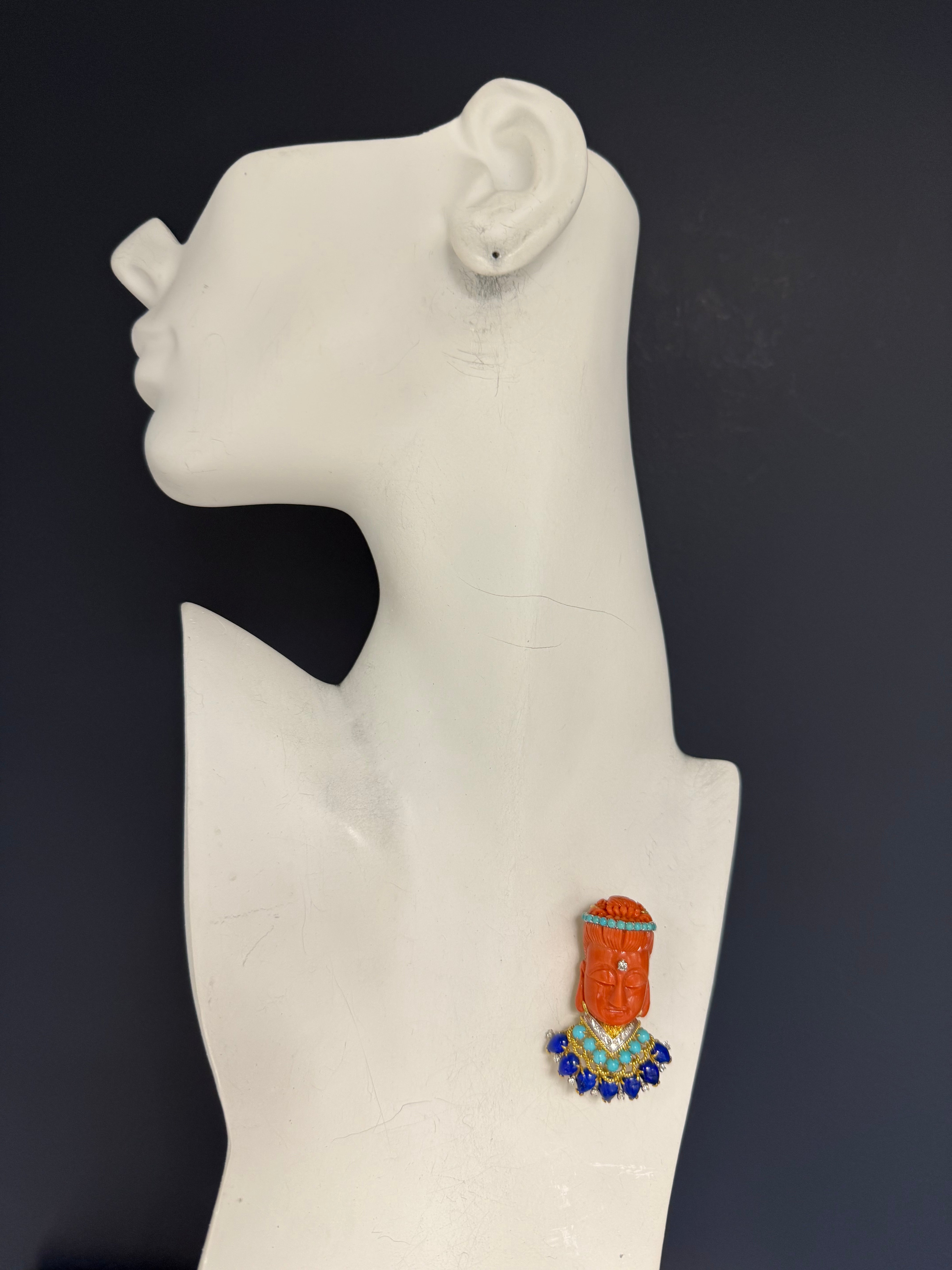 Retro Gold Buddha Turquoise Lapis & Diamond Brooch-Pin Circa 1950