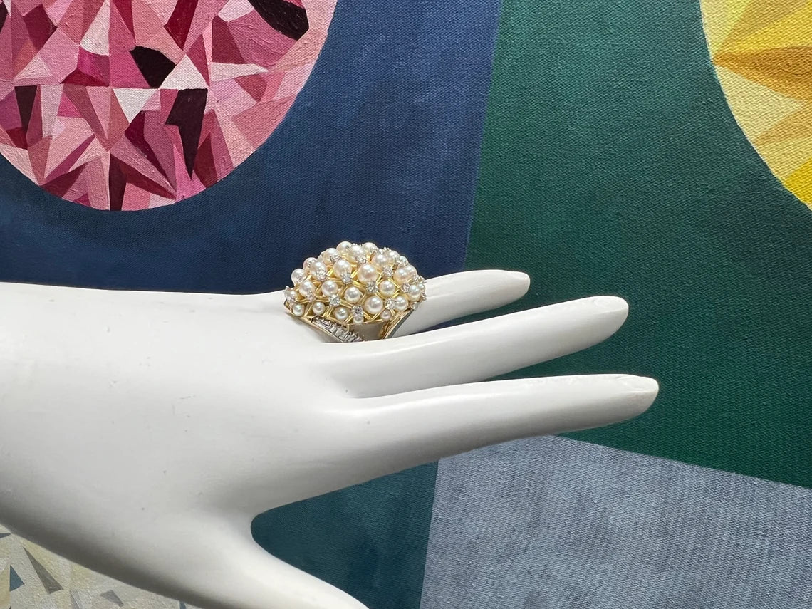 Retro Gold 2.52 Carat Natural Colorless Diamond & Pearl Cocktail Ring Circa 1960