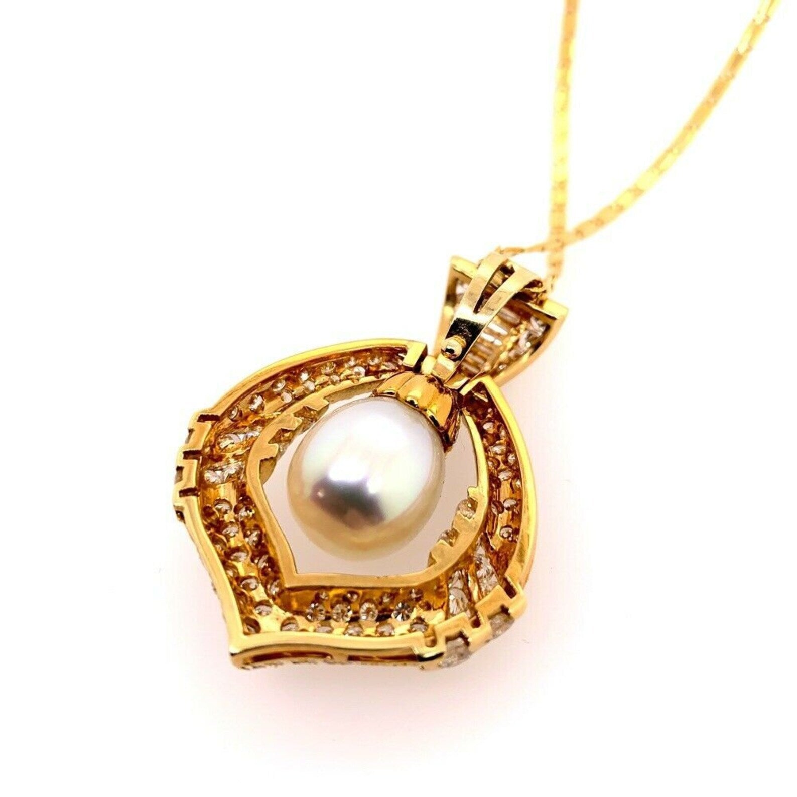 Retro Gold Necklace 7.5 Carat Natural Round Colorless Diamond & Pearl Circa 1950