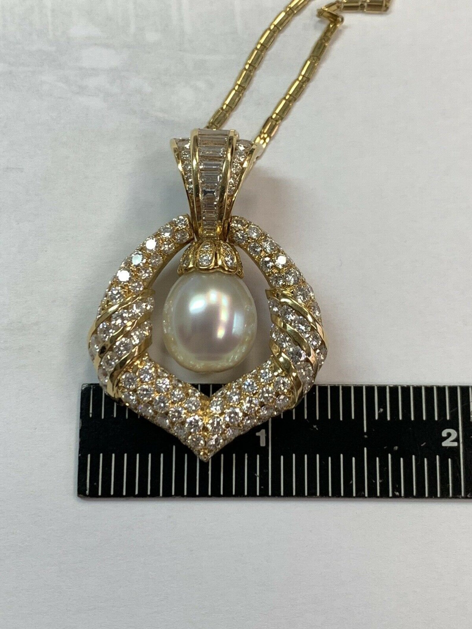 Retro Gold Necklace 7.5 Carat Natural Round Colorless Diamond & Pearl Circa 1950