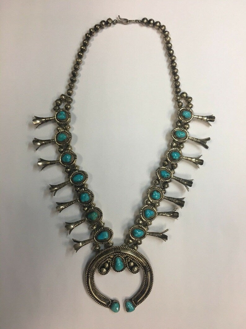 Sterling 925 Silver 204g Vintage Navajo Turquoise squash Estate Gem Stone Native
