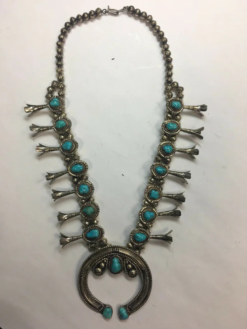 Sterling 925 Silver 204g Vintage Navajo Turquoise squash Estate Gem Stone Native