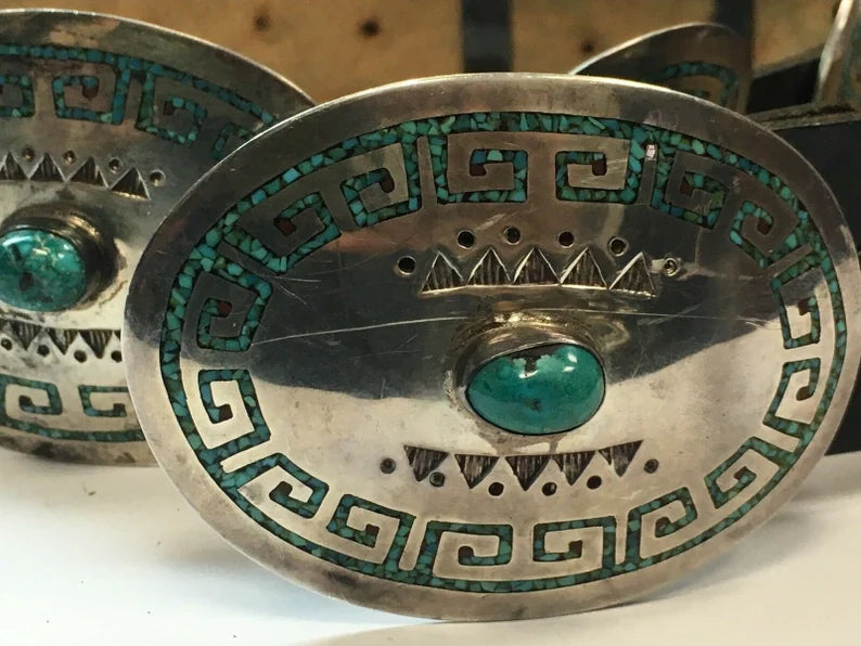 Antique Silver Belt 925 482.7g INLAY Turquoise Old Pawn CONCHO Estate Gem Stone