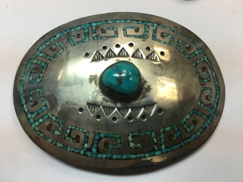 Antique Silver Belt 925 482.7g INLAY Turquoise Old Pawn CONCHO Estate Gem Stone
