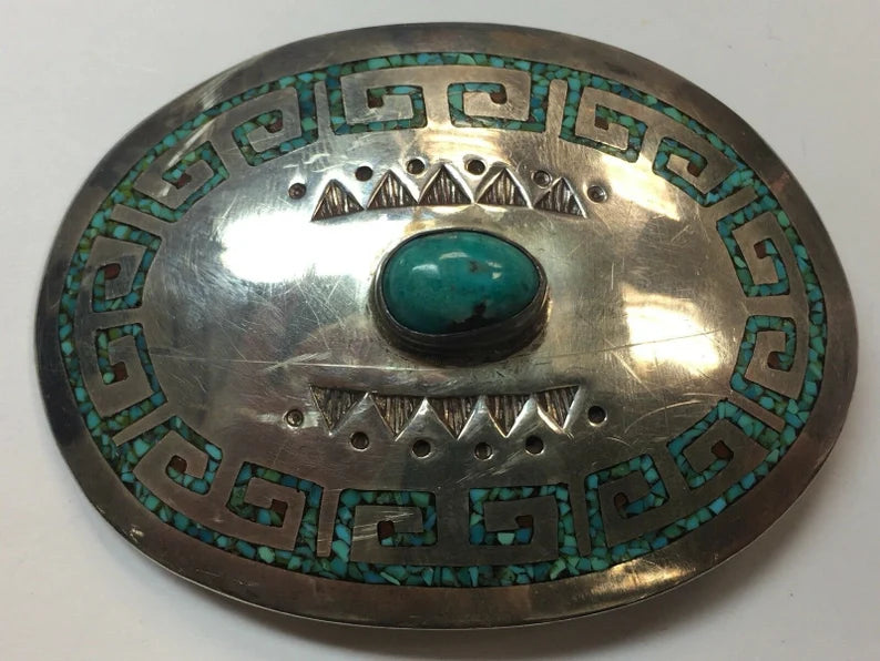 Antique Silver Belt 925 482.7g INLAY Turquoise Old Pawn CONCHO Estate Gem Stone
