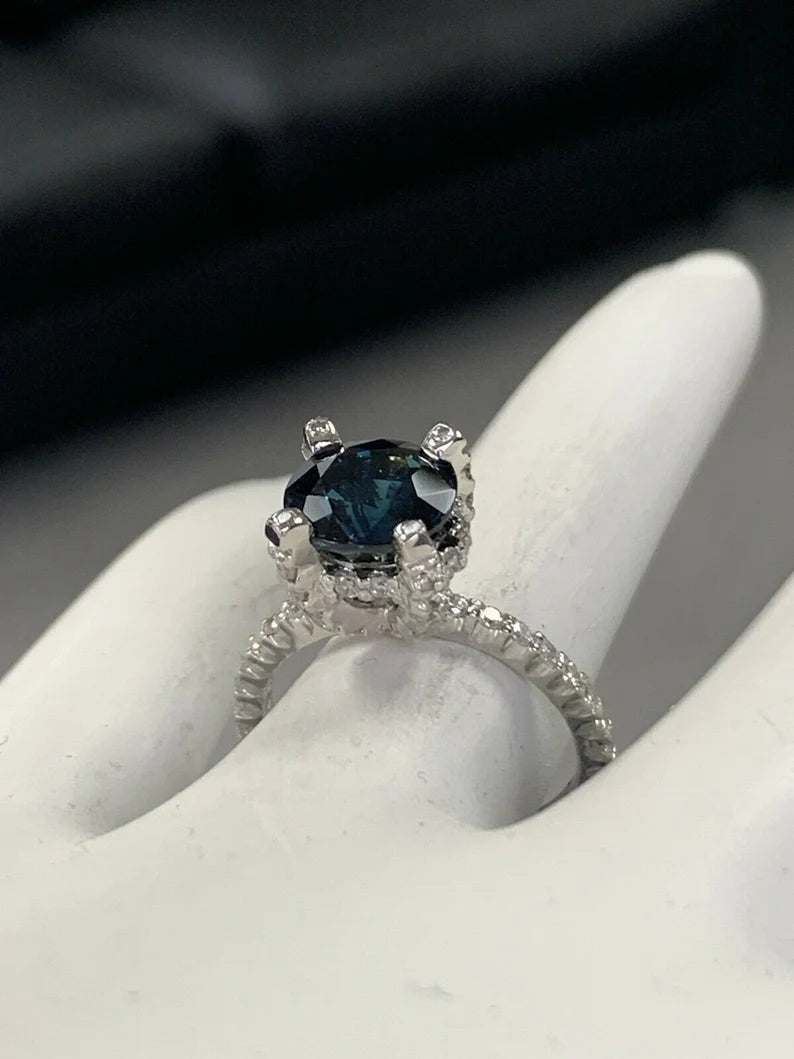Retro 2.70 Carat Cushion Natural Midnight Blue Australian Sapphire Platinum Ring