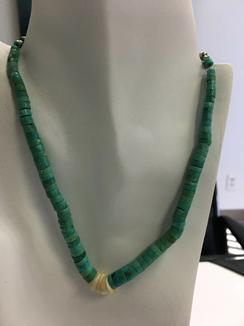 Estate Native Silver 26.3g Natural Turquoise Heishi Bead Vintage Necklace Gem