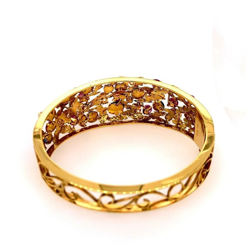 Gold Retro Bangle 6.5 Carat Natural Diamond,Ruby,Sapphire Cab Gem Bracelet 1970