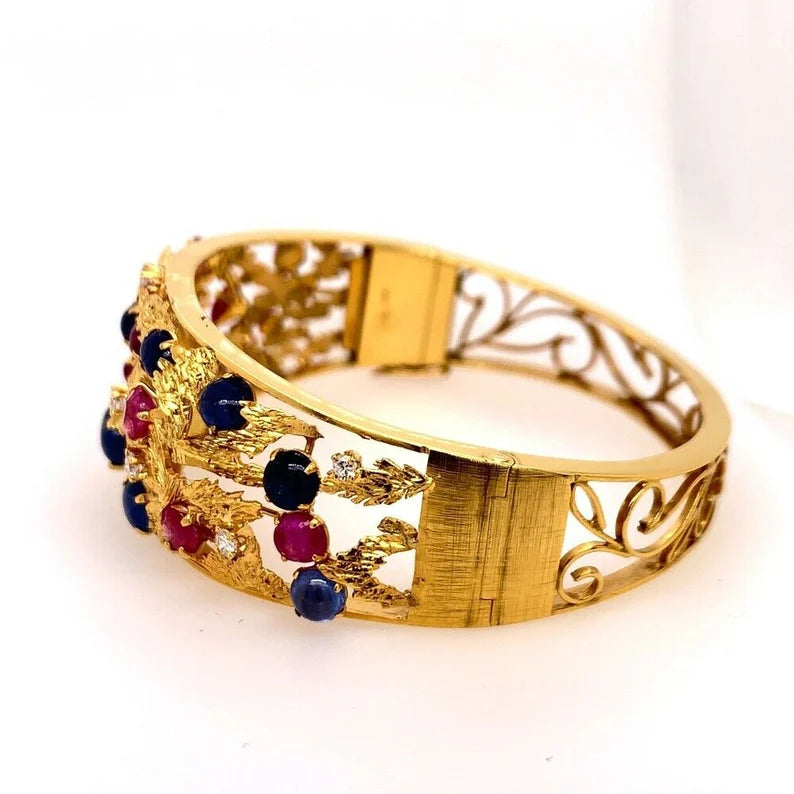 Gold Retro Bangle 6.5 Carat Natural Diamond,Ruby,Sapphire Cab Gem Bracelet 1970