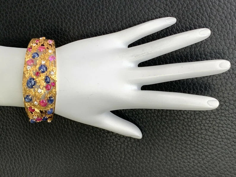 Gold Retro Bangle 6.5 Carat Natural Diamond,Ruby,Sapphire Cab Gem Bracelet 1970