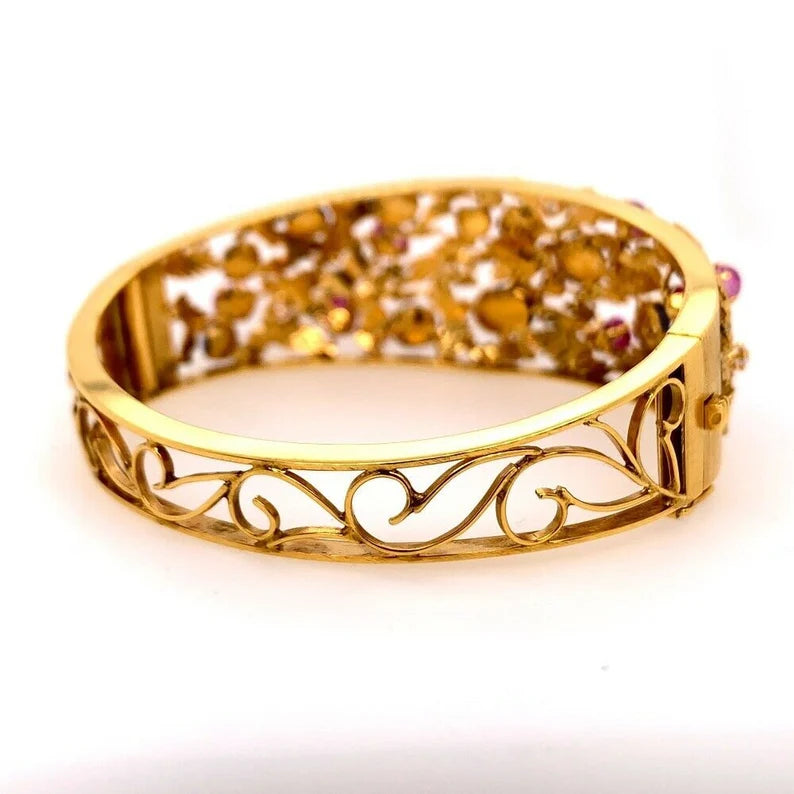 Gold Retro Bangle 6.5 Carat Natural Diamond,Ruby,Sapphire Cab Gem Bracelet 1970