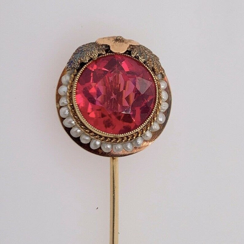 Vintage 3.28g Gold Round Syn Sapphire Pearl Pin Brooch Gem Stone Circa 1960