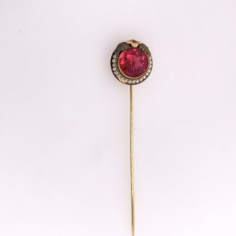 Vintage 3.28g Gold Round Syn Sapphire Pearl Pin Brooch Gem Stone Circa 1960