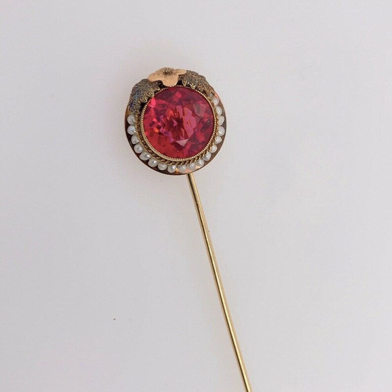 Vintage 3.28g Gold Round Syn Sapphire Pearl Pin Brooch Gem Stone Circa 1960