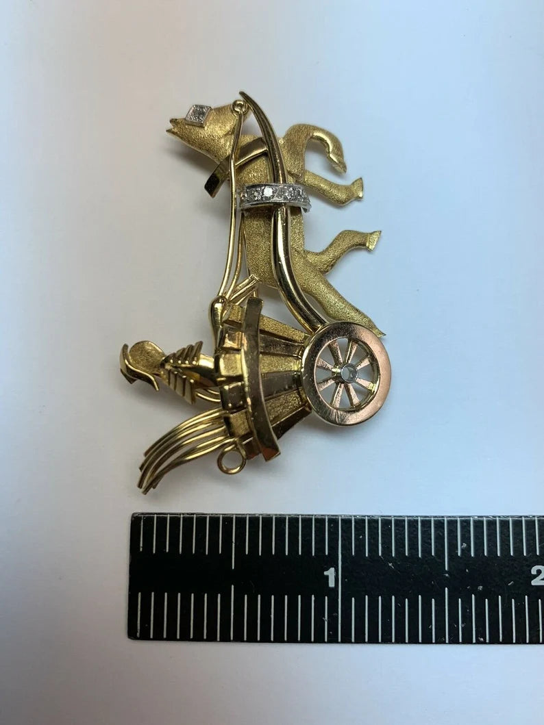 Vintage Gold Pin 0.05 Carat Natural Diamond Roman Chariot Gem Stone Circa 1980
