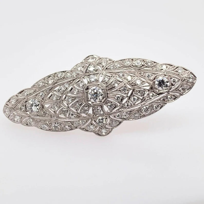 Retro Platinum 4 Carat Natural Old Euro Round White Diamond Brooche Circa 1975