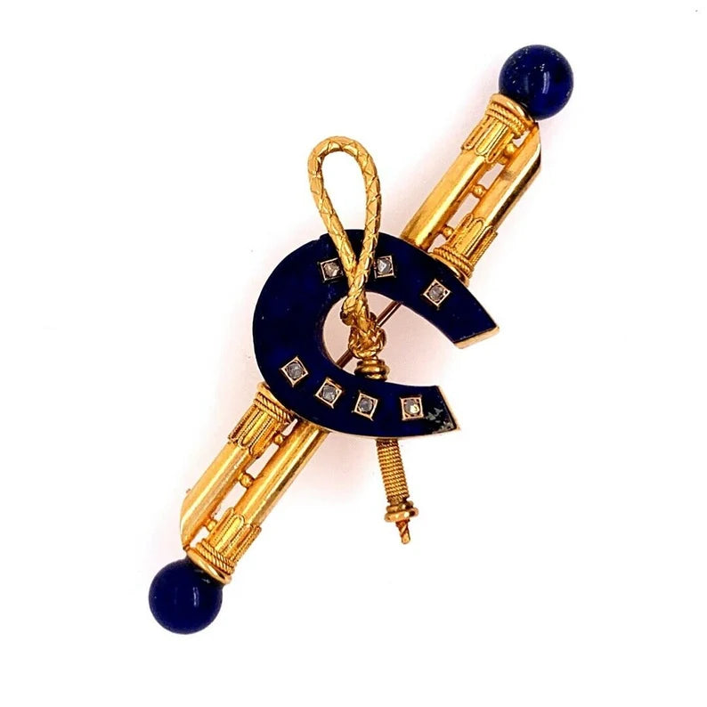 Vintage Gold Nautical Sailor Brooche Natural Blue Lapis & Diamond Pin Circa 1970