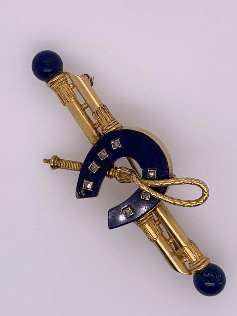 Vintage Gold Nautical Sailor Brooche Natural Blue Lapis & Diamond Pin Circa 1970