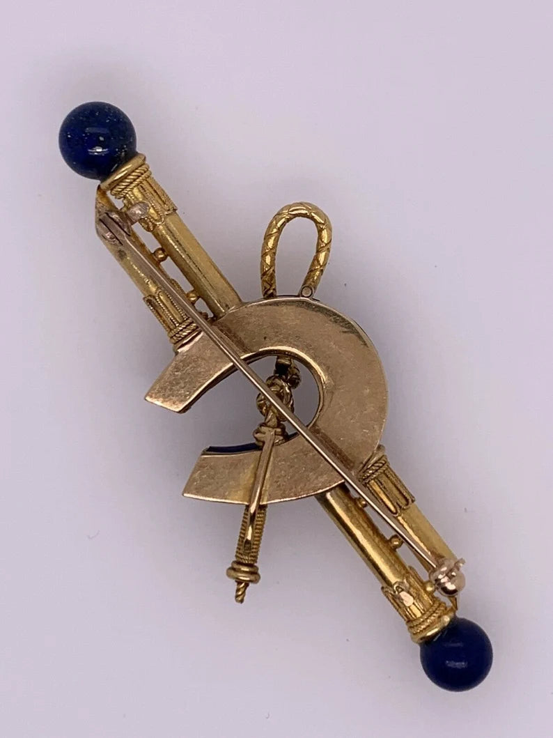 Vintage Gold Nautical Sailor Brooche Natural Blue Lapis & Diamond Pin Circa 1970