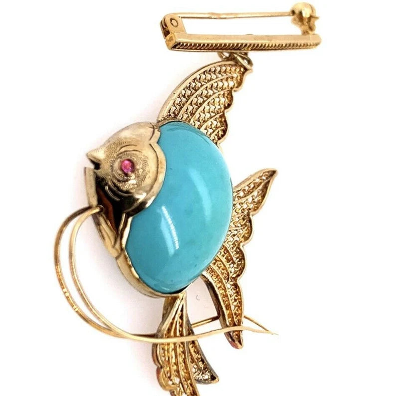 Retro Gold Fish Brooche Natural Turquoise & Ruby Hand-Made Pin Circa 1950