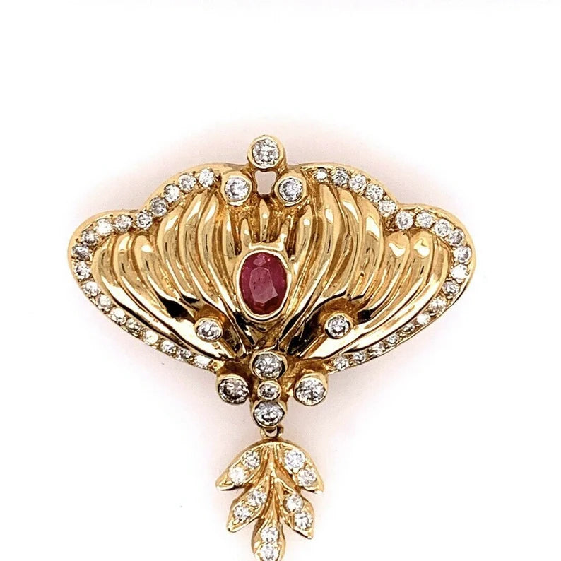 Retro Gold Vintage Brooche 3 Carat Natural Ruby & Diamond Gem Stone Circa 1960