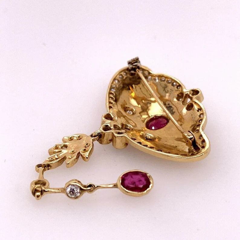 Retro Gold Vintage Brooche 3 Carat Natural Ruby & Diamond Gem Stone Circa 1960