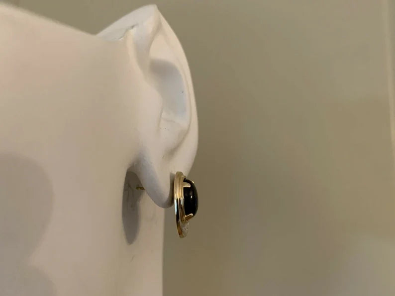 Retro Gold 4.5 Gram Natural Oval Onyx & Diamond Earrings Circa 1960